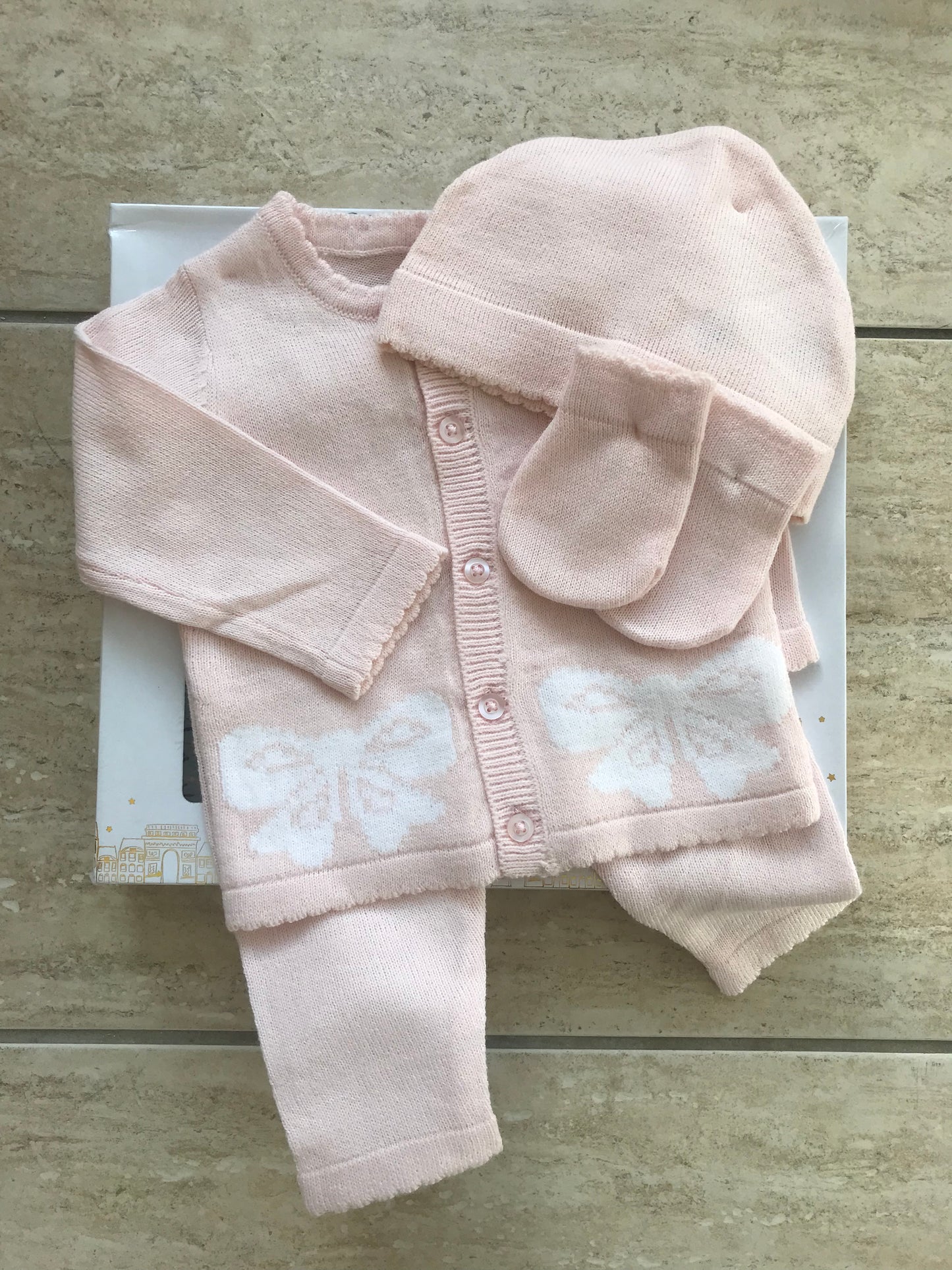 Girl pink knitted style jumper and trousers set with matching hat and mittens